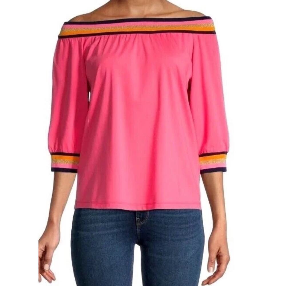 TRINA TURK OFF THE SHOULDER S Small TOP PINK GOLD NAVY Nautical Beach‎ Colorful